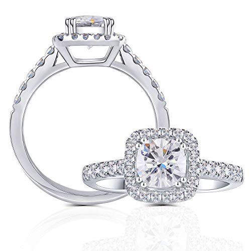 DovEggs Solid 10K White Gold Center 1ct 6X6mm G-H-I Color Cathedral Set Cushion Cut Moissanite Halo Engagement Ring with Accents