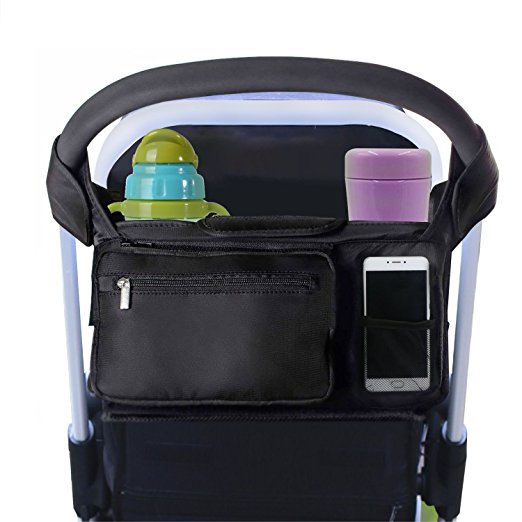 Stroller Organizer Black, ProCIV Universal Baby Stroller Bag Fits All Strollers Premium Deep Insulated Stroller Cup Holders Extra-Large Storage Space for iphones Diapers Cups Toys