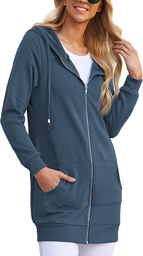 ACEVOG Women's Long Hoodies Casual Zip Up Sweatshirt Fleece Tunic Jacket with Pockets