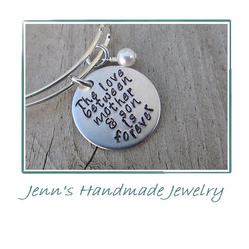 Hand-Stamped Bangle Bracelet "The love between mother & son is forever" with your choice of bead and bangle