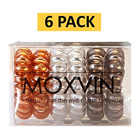 MOXVIN Spiral Hair Ties 6 Pack - No Crease - Elastic Hair Coil Sets - Ponytail Holder - Traceless - Black & Clear & Dark Brown