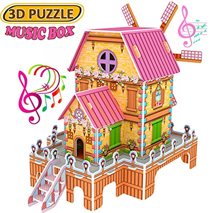Magic 3D Puzzle Jigsaw Windmill Dollhouse Model DIY Educational Toy for Kids with Music,Best Creative Learning Gifts for Girls Boys Birthday-23PCS