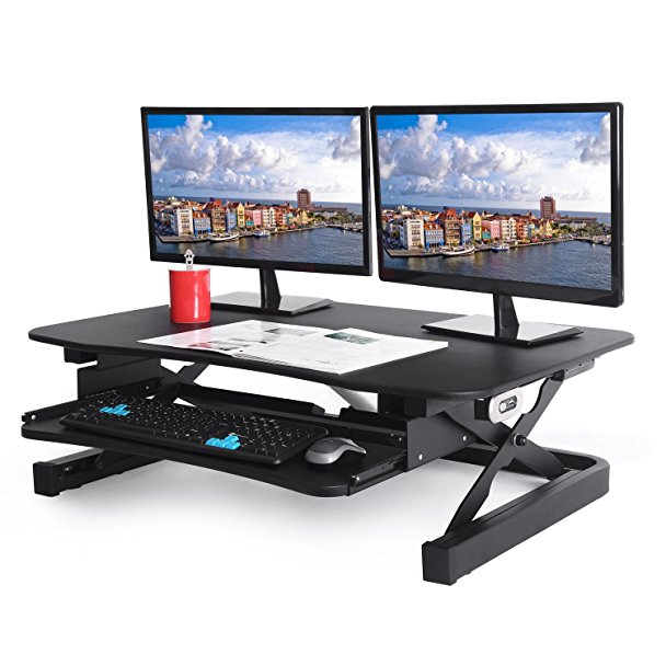 ApexDesk ZT Series Height Adjustable Sit to Stand Electric Desk Converter, 2-Tier Design with Large 36x24" Upper Work Surface and Lower Keyboard Tray Deck (Electric Riser, Black)