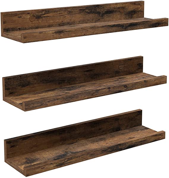 VASAGLE Wall Shelves Set of 3, Wooden Floating Shelves 15-Inch Long, with Front Edge, for Framed Pictures, Spice Jars, Decors, Rustic Brown ULWS037X01