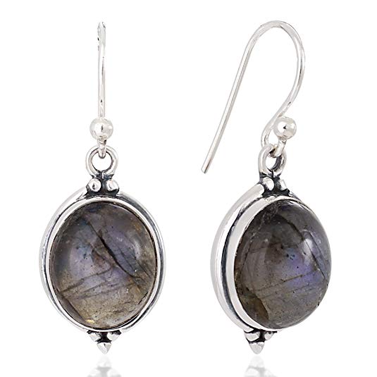 925 Oxidized Sterling Silver Natural Gemstone Oval Shaped Vintage Dangle Hook Earrings 1.3"