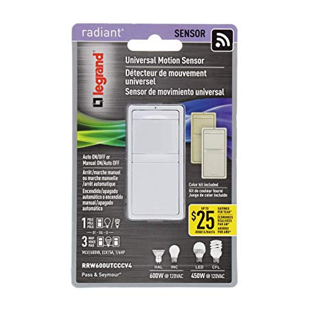 Legrand - Pass & Seymour radiant RRW600UTCCCV4 Single Pole/3-Way Occupancy Sensor, Tri-Color (Includes 3 Interchangeable Face Covers: White, Ivory, Light Almond)