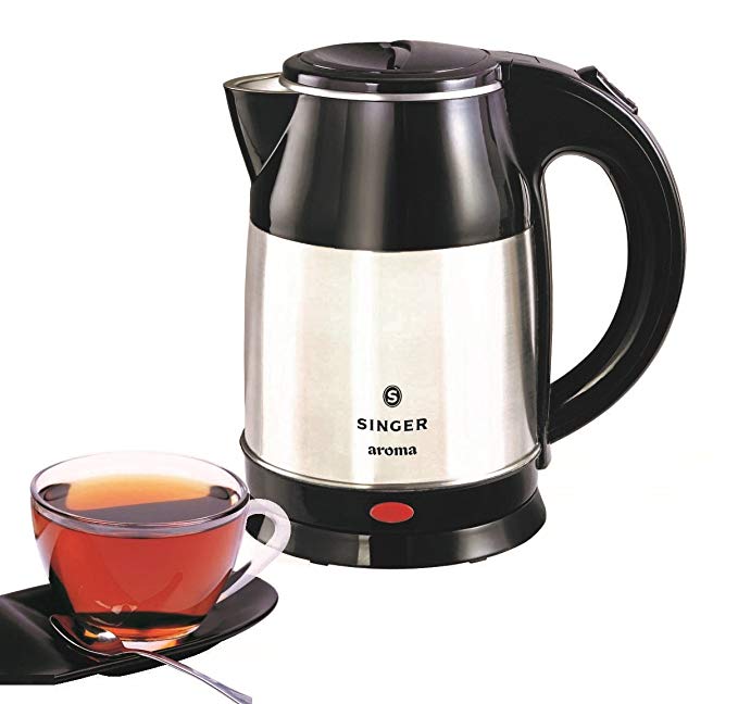 Singer Aroma 1500W Stainless Steel Electric Kettle with Cordless Base and Overheat Protection (Black and Silver, 1.8L)