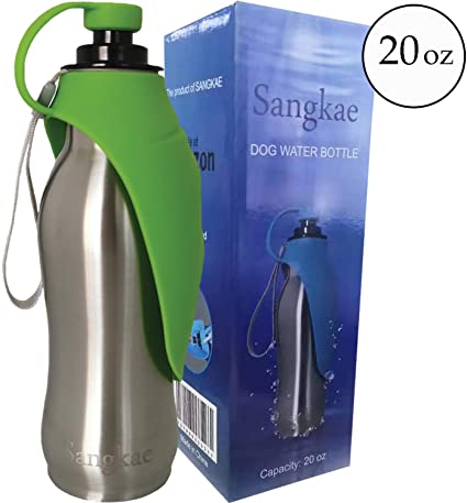 Sangkae 20 oz Dog Water Bottle Stainless Steel Dog Water Bottle,Portable Dog Water Bottle with Bowl for Walking with Reversible, Lightweight, Expandable Silicone Flip-Up Leaf