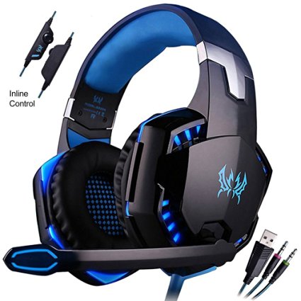 Mictech G2000 Professional 3.5mm PC LED Light Gaming Bass Stereo Noise Isolation Over-ear Headset Headphone Earphones for laptop Computer with MIC (Blue)