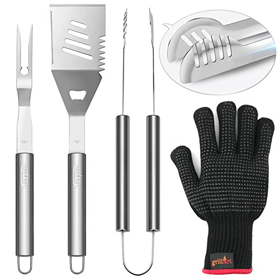 GRILLART BBQ Tools Set,Reinforced BBQ Tongs 3-Piece Grill Utensil Tool Set - Heavy Duty Stainless-Steel Barbecue Grilling Accessories Set - Spatula, Tongs, Fork - Bonus Insulated Gloves - NEW ARRIVAL
