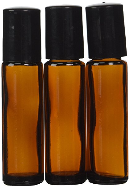 Aromatherapy - Amber Glass Bottle with Roll On Applicator and Black Cap - 10 ml - Package of 6