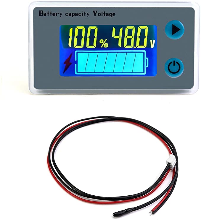 QWORK 10-100V Battery Capacity Monitor Gauge Meter with Buzzer Alarm, 12V 24V 36V 48V 60V 72V Acid Lead Lithium Polymer Digital Battery Capacity Voltage Temperature Monitor