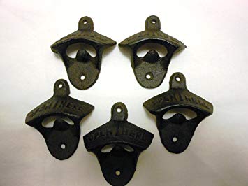 Rustic Cast Iron Open Here Bottle Opener Vintage Style Wall Mount MAN Cave SET of 5