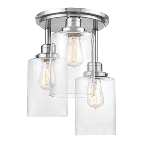 Globe Electric Annecy 3-Light Semi-Flush Mount Ceiling Light, Brushed Steel, Clear Glass Shades 61418