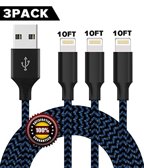 BULESK Lightning Cable 3Pack 10FT Nylon Braided Certified iPhone Cable USB Cord Charging Charger for Apple iPhone X, 8, 7 Plus, 6, 6s, 6 , 5, 5c, 5s, SE, iPad, qqv4q94Pod Touch (Black Blue)