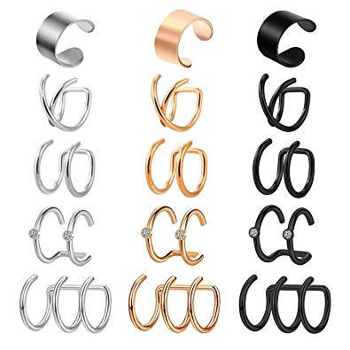 Briana Williams 10-15pcs Stainless Steel Ear Cuff Helix Cartilage Clip On Wrap Earrings Fake Nose Ring Non-Piercing Adjustable Men Women