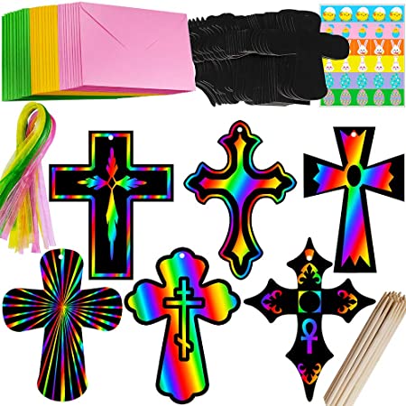 30 Sets Magic Color Scratch Easter Cross Ornaments Easter Craft Kits Assorted Scratch Paper Cross Cutouts and Scratching Tools Envelopes Stickers for Kids Easter Sunday School VBS Activity Art Project