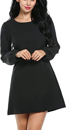 ACEVOG Women's Plain Long Sleeve Shift Dress Retro 1950s Style Casual Loose Cocktail Party A-Line Dress