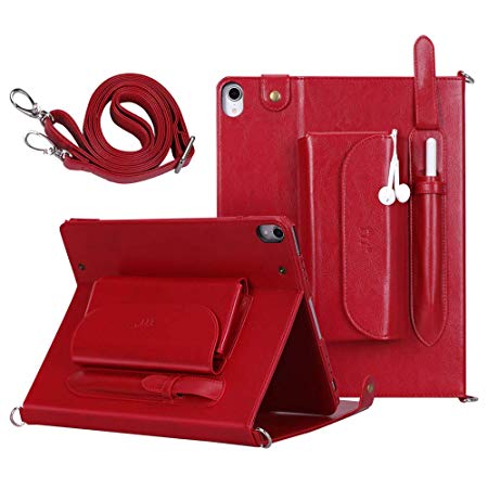 FYY New Apple iPad Pro 12.9 inch 3rd Generation 2018 Case [Support Apple Pencil Charging] Luxury Genuine Leather Case with [Charger Organizer] [Shoulder Strap] [Card Slots] [Multiple Angles] Red