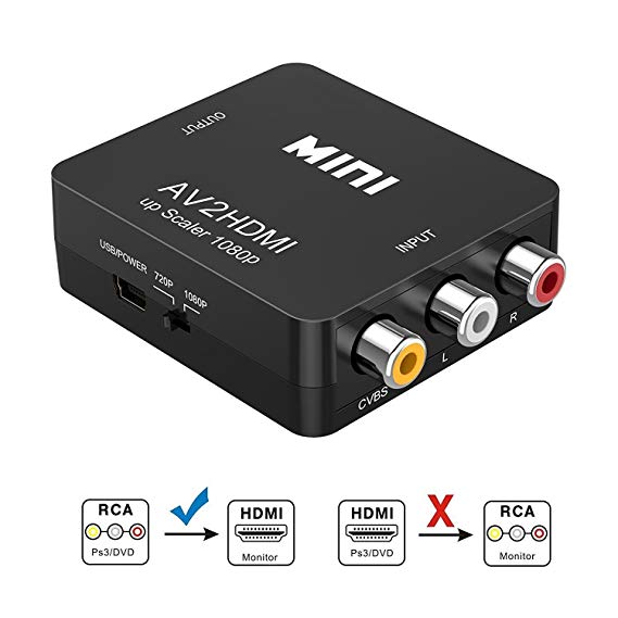 RCA to HDMI, AV to HDMI, Vilcome 1080P Mini RCA Composite CVBS AV to HDMI Video Audio Converter Adapter Supporting PAL/NTSC with USB Charge Cable for PC Laptop Xbox PS4 PS3 TV STB VHS VCR Camera DVD