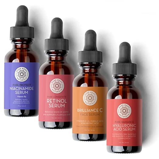 Pure Body Naturals Facial Serum Set - Hyaluronic Acid Serum, Retinol Serum, Vitamin C Serum, and Vitamin B3 (Niacinamide) Serum - Natural Age-Defying Wrinkle and Dark Spot Corrector for Eye and Skin