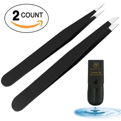 Rapid Vitality Slant & Pointed Tweezers Set With CASE, 2-PACK, Stainless Steel, Best For High Precision Daily Beauty Routines, Eyebrows, Ingrown Facial & Nose Hair, Splinters, Perfect Gift