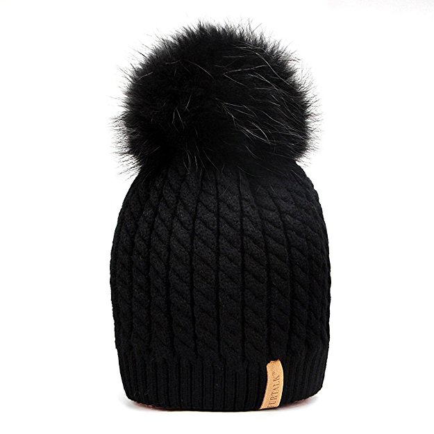 Women Winter Knitted Pom beanie-Fur Hat Big Raccoon Pom Pom Hat Women Crochet Knit Bobble hat