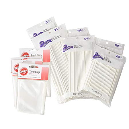 Wilton Lollipop Sticks and Treat Bags Set, 4-Inch, 6-Inch, 8-Inch Lollipop Sticks and Clear Treat Bags