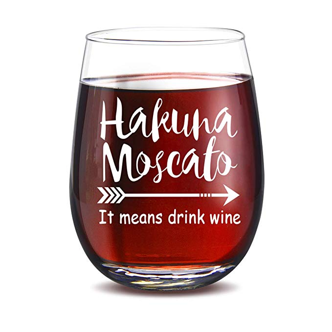 Hakuna Moscato It Means Drink Wine Funny Stemless Wine Glass 15oz - Perfect Birthday Gifts for Women - Unique Christmas Gift Idea for Her, Wife, Mom, Girlfriend, Sister, Grandmother, Aunt