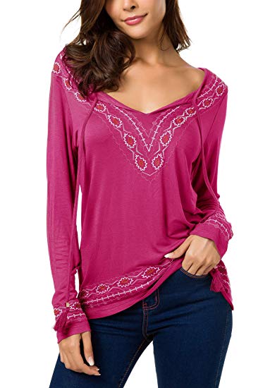 Urban CoCo Women's Long Sleeve Boho Tops Tie Neck Embroidered Detail