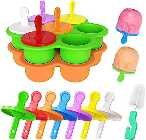 Popsicle Molds, Ouddy 2 Pcs DIY Silicone Popsicle Molds Ice Pop Molds with Plastic Sticks & 1 Brush, 7-Cavity Non-Stick Food Grade Baby Food Freezer Trays, Green & Orange