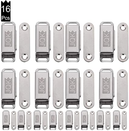 JQK Magnetic Door Catch, Heavy Duty Magnet Latch Cabinet Catches for Cabinets Shutter Closet Furniture Door, Stainless Steel 15 lbs Silver (16 Pack), CC100-P16