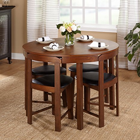 Mid-Century Tobey Walnut Compact Dining Set (5 Piece) in Black Faux Leather Upholstered Seats. Angled Chairs Fit Seamlessly to Edge of Table. Assembly Required