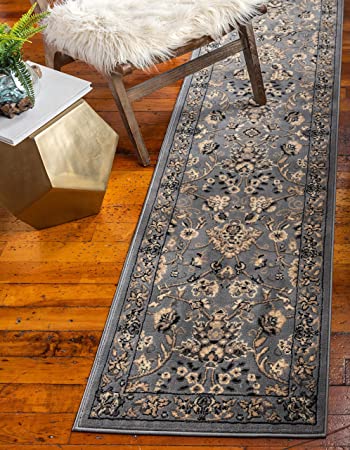 Unique Loom Kashan Collection Traditional Floral Overall Pattern with Border Gray Runner Rug (3' 0 x 16' 5)