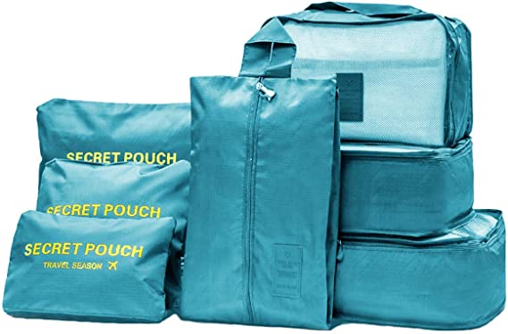 OrgaWise 7 Set Packing Cubes Travel Luggage Waterproof Organizers - 3 Travel Cubes   3 Pouches   1 Shoe Bag(7 pcs Lake Blue)