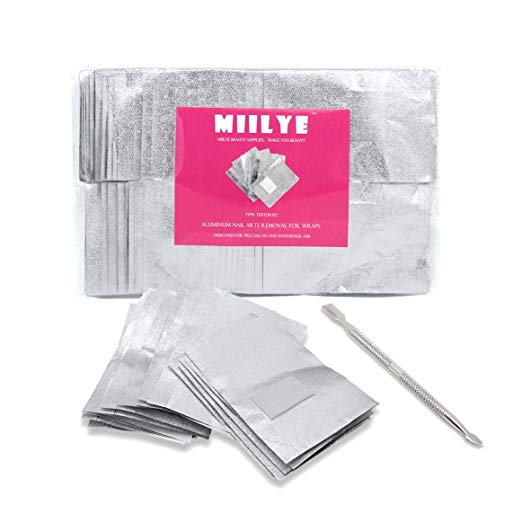 MIILYE Nail Foil Wraps Remover for Acrylic/UV/Gel Polish Soak-off Removal, with Pre-attached Lint Free Pad, Pack of 200 Wraps   1x Stainless Steel Nail Manicure Remover Scraper Cuticle Pusher