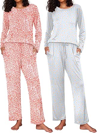 Ekouaer 2 Pack Women's Pajama Set Soft Long Sleeve Sleepwear Loungewear Pjs Sets with Pockets S-XXL