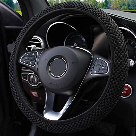 Elastic Stretch Steering Wheel Cover, Universal 15 Inch Automotive Steering Wheel Cover, Microfiber Breathable Ice Silk, Warm in Winter and Cool in Summer, Anti-Slip, Odorless, Easy Carry, Black