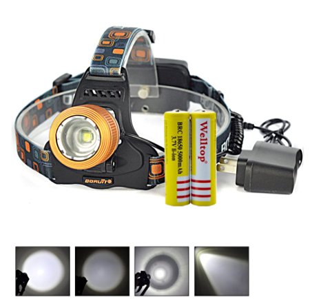 Welltop®1800 Lumens CREE XM-L T6 LED Waterproof 3 Modes Design Zoomable Rotating Headlamp with AC Charger and 2pcs x 18650 5000mAh Rechargeable Battery