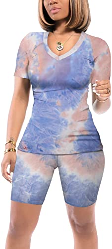 Sieanear Women 2 Piece Tie Dye Outfits V Neck Casual Tracksuits Shorts Sets
