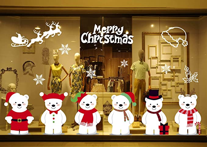 CMTOP Christmas Window Clings Window Wall Stickers Cute Bear with Merry Christmas Static PVC Stickers for Home/Shop/Party Decorations White Christmas Xmas Decorations Window Display