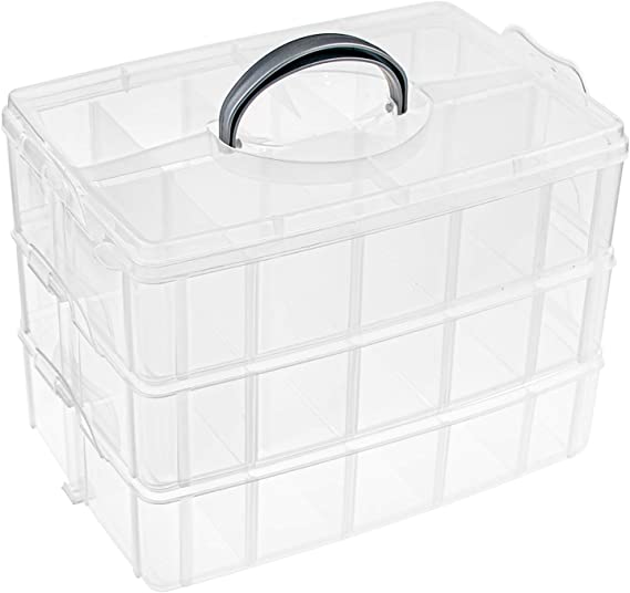 Foraineam 3-Tier Stackable Storage Box Organizer with 30 Adjustable Compartments, Plastic Craft Organizer Case Sewing Accessories Tool Storage Container Bins for Jewelry Beads Arts and Crafts Beauty S