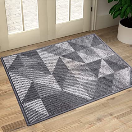 Olanly Indoor Doormat, Non-Slip Absorbent Resist Dirt Entrance Rug, Machine Washable Low-Profile Inside Floor Mat Area Rug for Entryway, Grey Geometric 20"x 32"