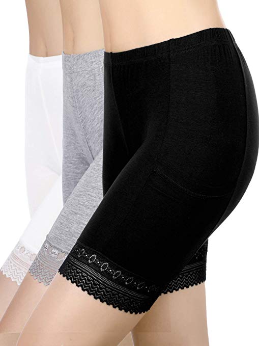 Blulu 3 Pieces Safety Pants Lace Yoga Shorts Stretch Underwear with Pockets for Women Girls Wearing Supplies