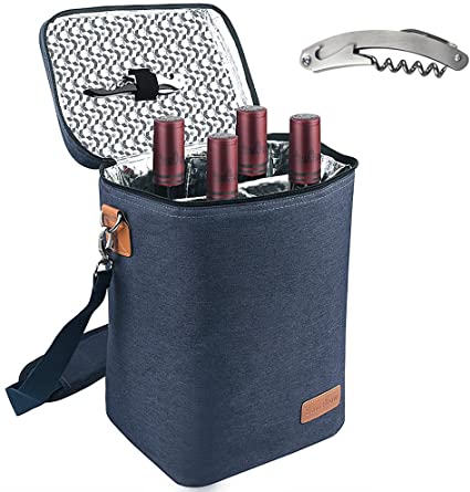 Samshow 4 Bottle Wine Carrier Tote, Insulated Leakproof Portable Cooler Bag with Shoulder Strap, Padded Protection and Corkscrew for Travel, Party, Wine Tasting, Christmas Gift for Wine Lover