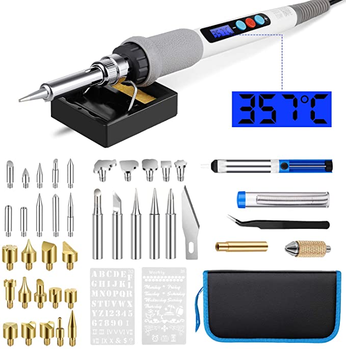 Wood Burning Tool Kit, Soldering Iron Kit Temperature Controlled Wood Burning Pen with Bag Pyrography Kit with 29pcs Wood Carving & Embossing Tips,5pcs Soldering Tips,2pcs Stencils, Tweezers Blades Blades Head Converters Soldering Holder Solder Wire Solder Sucker for Beginners(45PCS)