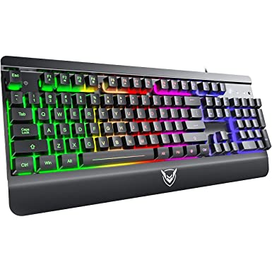 PICTEK Metal Gaming Keyboard, USB Wired Rainbow LED Backlit Membrane Keyboard with Wrist Rest, 19 Anti-ghosting Keys, 12 Multimedia Shortcuts, Spill-Resistant for Windows PC Gamer(No Monochrome Mode)