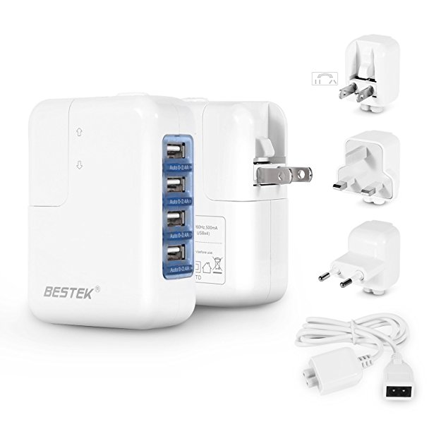 Travel Adapter BESTEK 35W 2.4A 4 Port USB Charger Power Converter with US AU UK EU China AC Wall Plug Kit (US/AU 2 in 1) for Apple iPhone iPad, Samsung Galaxy, Fitbit, Batteries Chargers & More