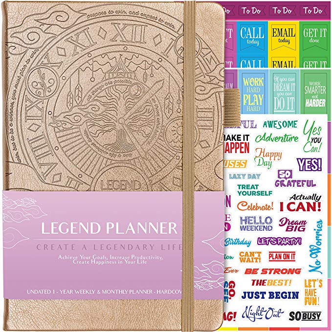 Legend Planner - Deluxe Weekly & Monthly Life Planner to Hit Your Goals & Live Happier in 2019. Organizer, Productivity Notebook & Gratitude Journal - Undated - A5 Gold Hardcover   Bonus Stickers