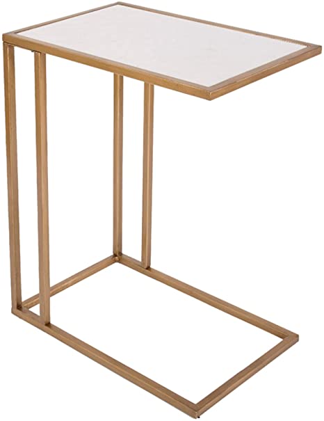 RiteSune Modern C-Shaped Sofa Side Table with Gold Metal Base and Rectangular Marble Top for Coffee, Laptop, Living Room or Bedroom